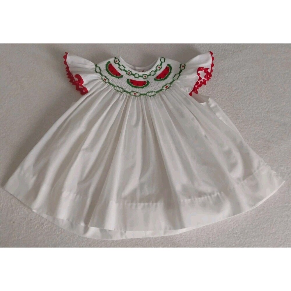 Remember Nguyen Smocked Embroidered Watermelon Dress Sz 18-24 Mo Summer Adorable
